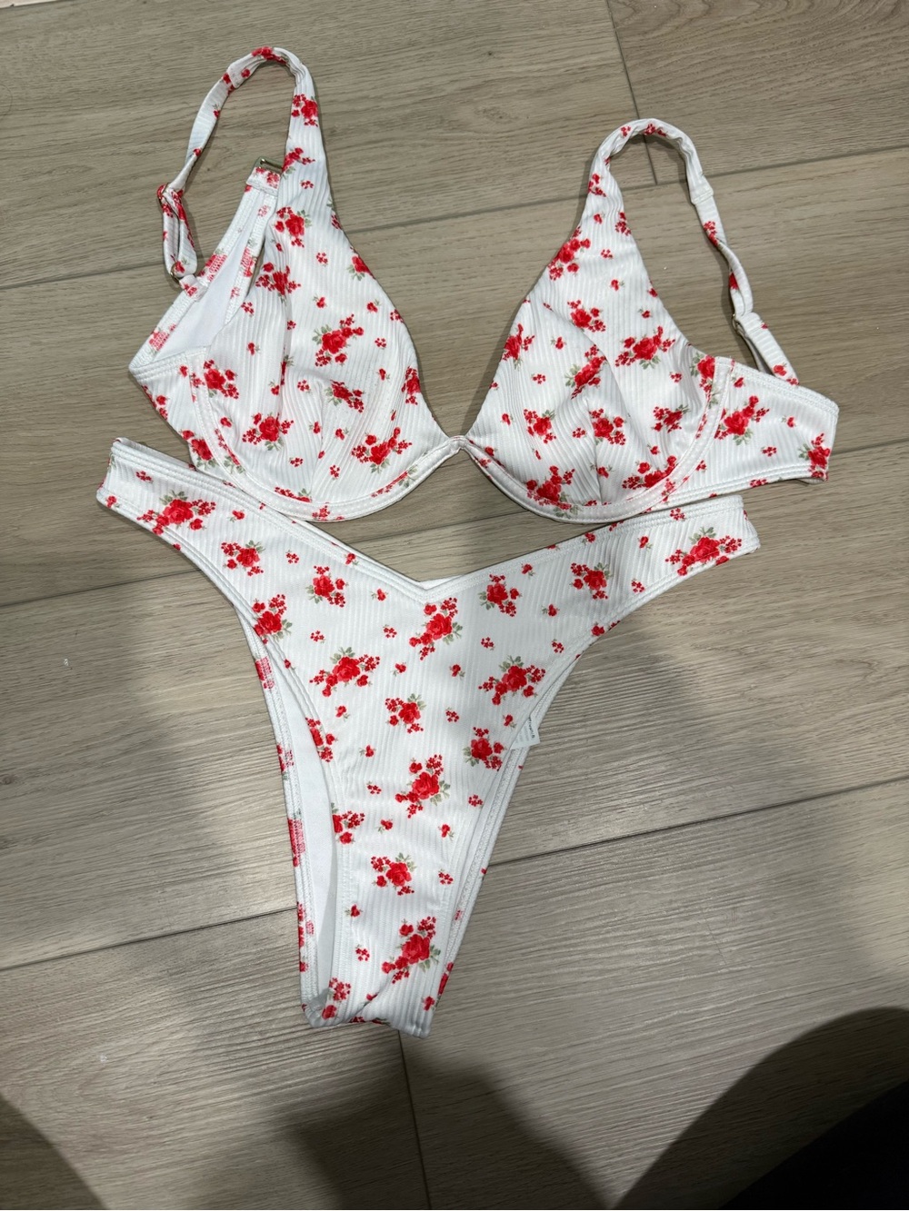 Hollister White Ribbed Bikini with Red Floral Print